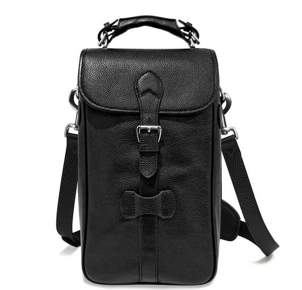 Two Bottle Wine Bag in Black Pebble Leather