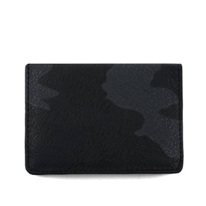 A black trifold card wallet with a textured surface, closed and viewed from the front.