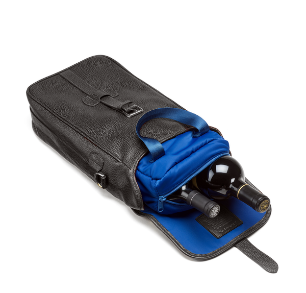 Two Bottle Wine Bag in Black Pebble Leather